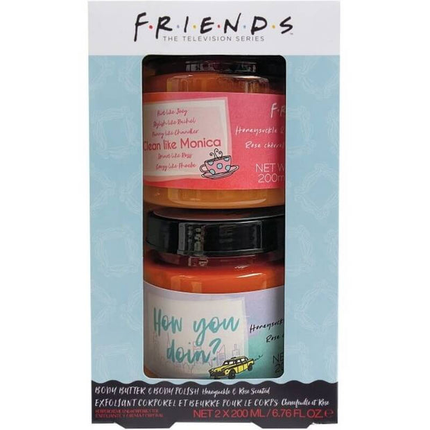 Front view of Friends Body Butter Gift Set with honeysuckle and rose scent.