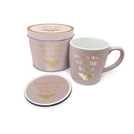Wonder Woman Mug And Drinks Coaster In A Collectable Tin Gift Set Pink With Gold Letters